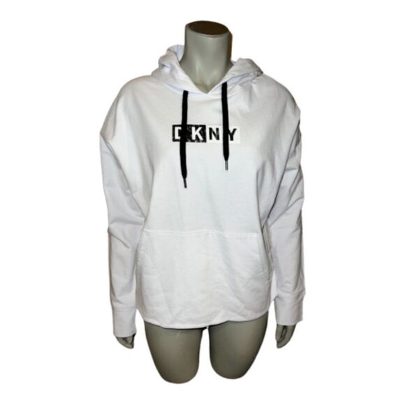 DKNY Sport White Pigment Dyed Two Tone Logo Distressed Hoodie Womens XS NWT - Picture 2 of 9